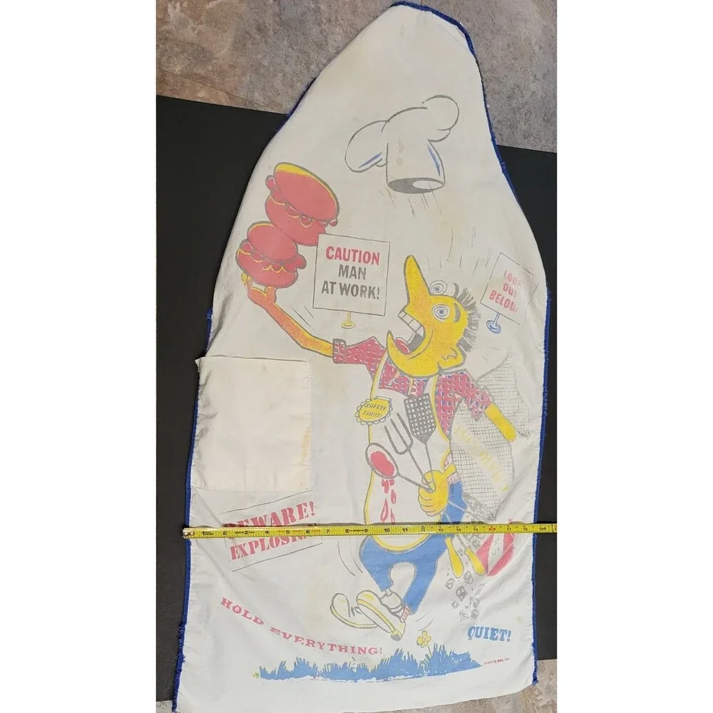 Vintage 1960's Chef's cooks cartoon apron BBQ grill barbeque charcoal well loved